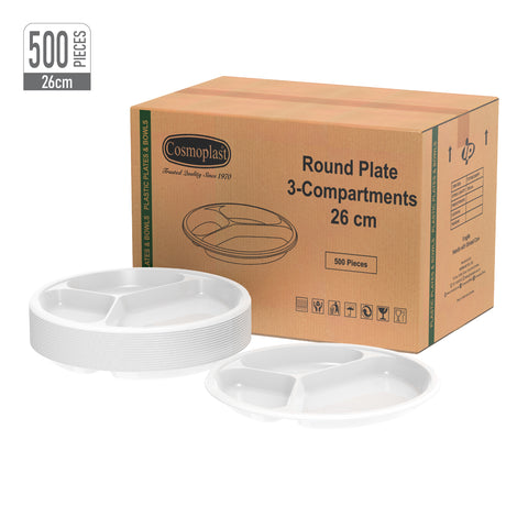 3 Compartments Carton of 500 White 26 cm Plastic Plates