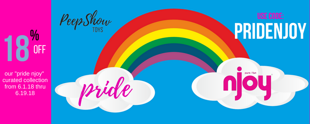 Pride njoy banner rainbow with clouds depicting 18% off curated collection at Peepshow Toys
