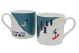 White bone china mugs with skiing and snowboarding images on