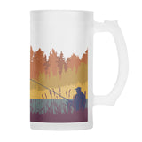 beer stein with image of a course fisherman against autumn colours