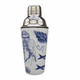 Antiquarian Sealife cocktail shaker, line drawings of sealife on a white background