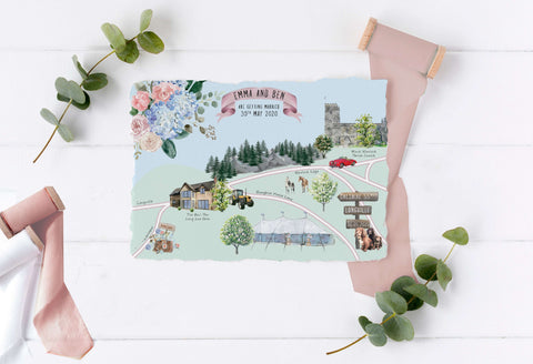 Custom watercolour wedding map invite from Mustard and Gray