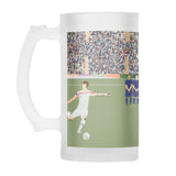 Beer stein with an image of a football player taking a penalty in a stadium