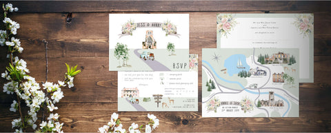 Custom illustrated Wedding Maps. Wedding stationery with watercolour paintings of your home, church, venue on a bespoke map created for your big day. Available in wedding Map invitations, save the dates, RSVP, table plans, order of service and menus