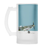 beer stein with image of a spitfire plane against a blue background