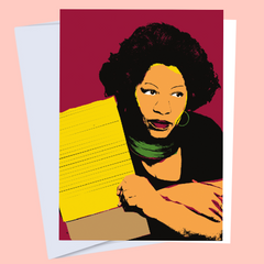 Vibrant color close-up of Toni Morrison holding a writing pad. 