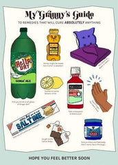 Bright, colorful pictures of home remedies used to make you feel better.