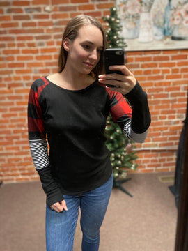 Buffalo Plaid and Striped Sleeve Top