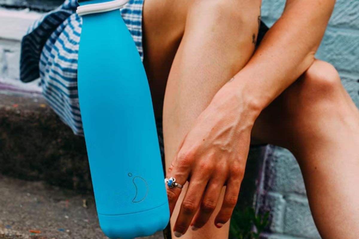 blue reusable water bottle by chillys