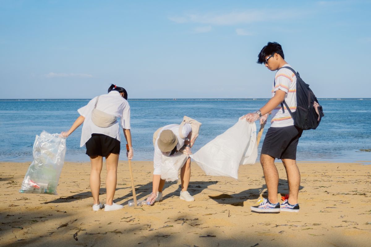 litter picking on beach