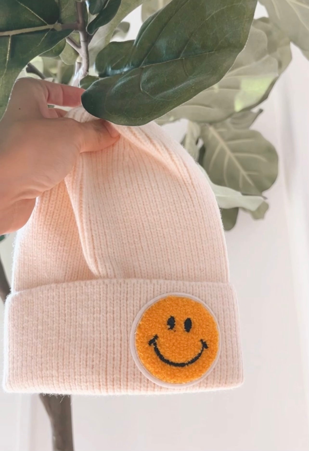 Smiley Patch Beanie - Cream