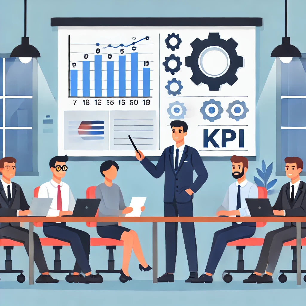DALL·E 2024-07-22 17.57.09 - A flat design illustration of a manufacturing project manager (PM) presenting a KPI chart in a meeting room, using data to make operational decisions .webp__PID:c3372add-4cf8-40d0-9be5-87f6444b7913