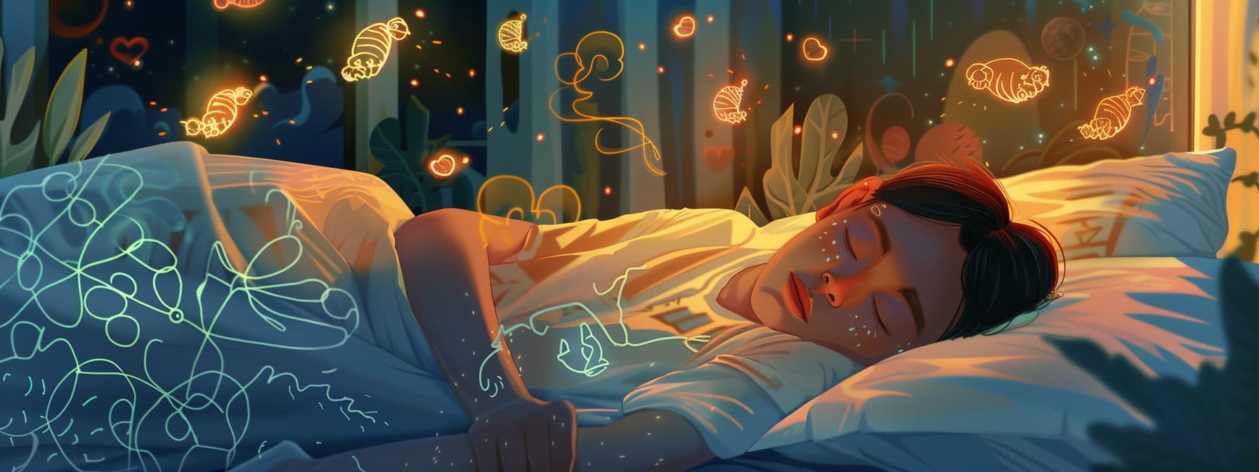 2 - A person peacefully sleeping in a cozy, warmly lit room, surrounded by dream-like illustrations floating around them, representing recurring themes in their dreams - Dream Journal Promp