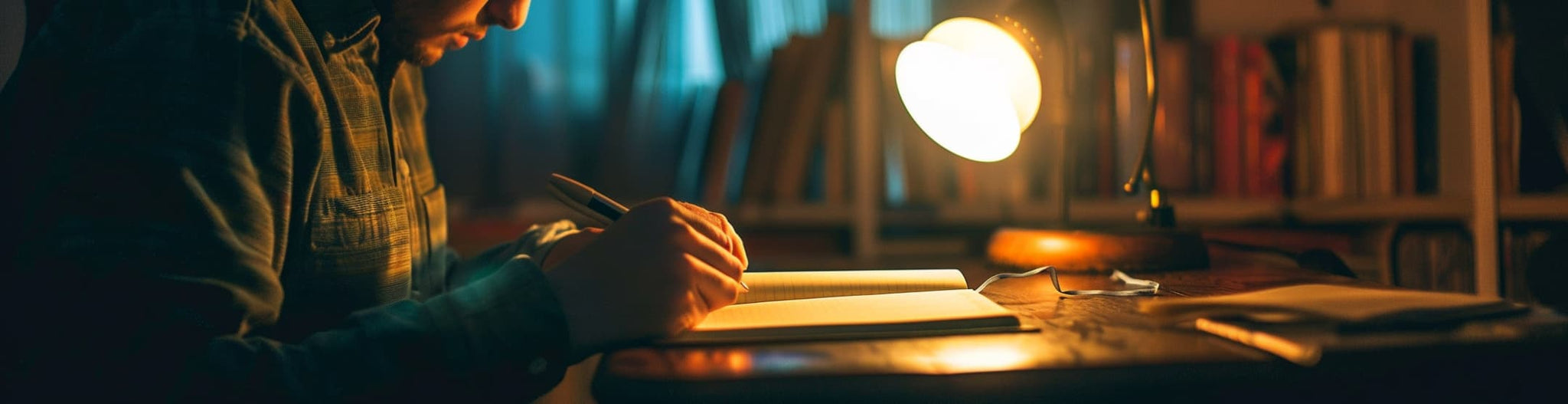 A man reflecting in their journal with a night lamp on