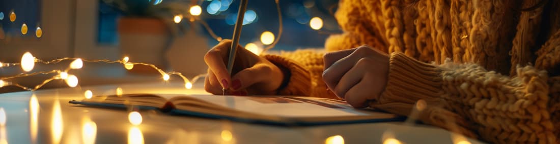 A person in a brightly lit room, journaling about their favorite birthday memories, with a pen in one hand and a childhood photo album spread out in front of them, surrounded by a warm glow of string lights