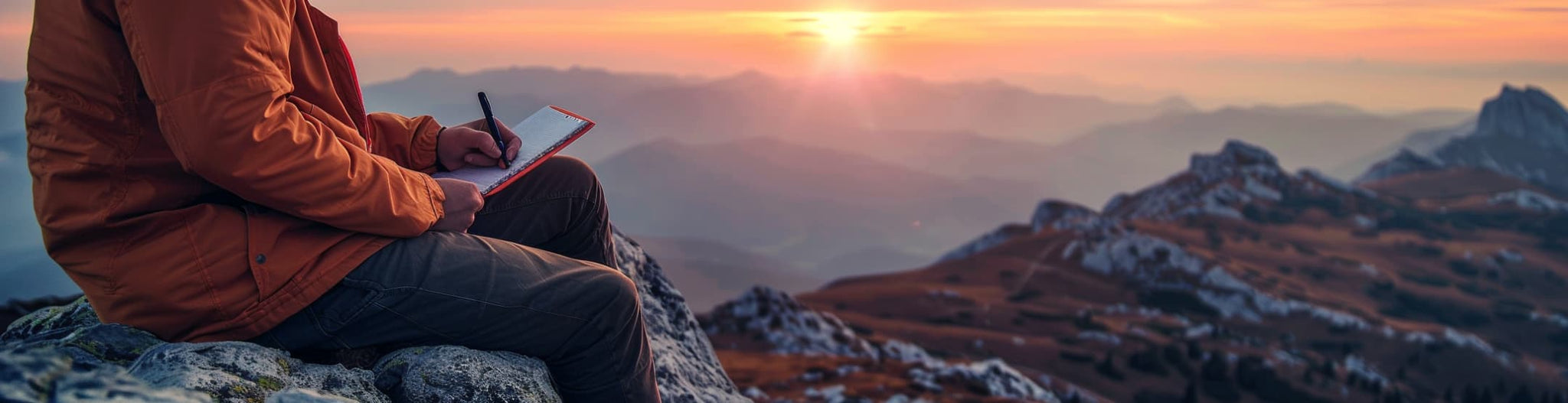 A person on a mountaintop at sunrise, writing about their journey to self-compassion