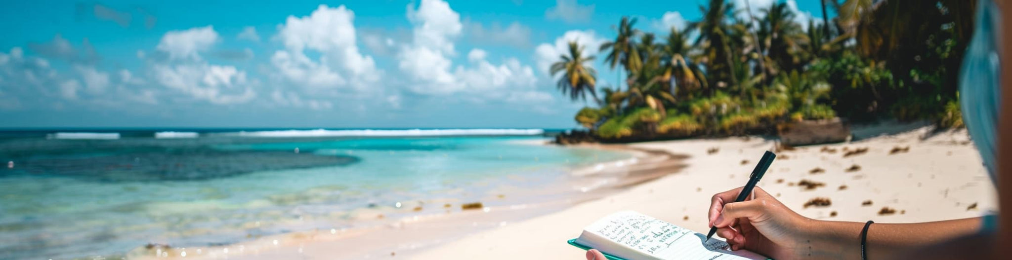 A person writing in a journal on a tropical beach