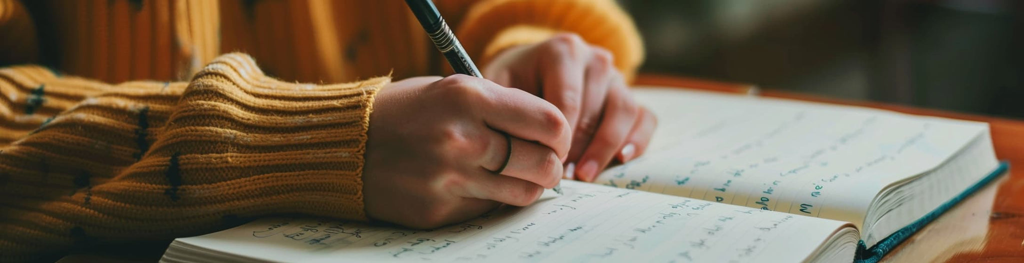 A person writing in a notebook with a pen.