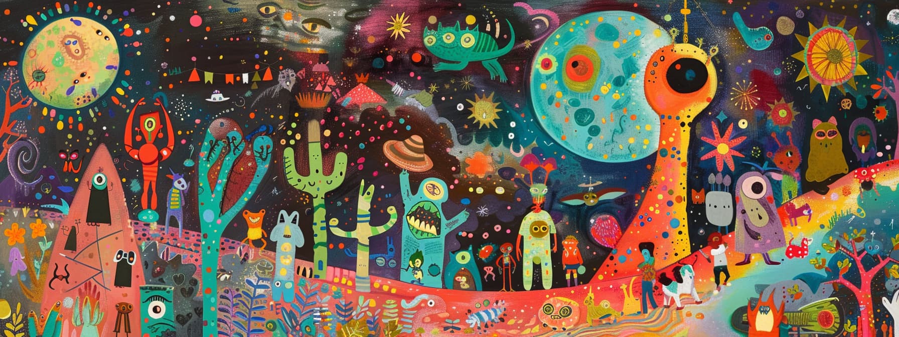 A vibrant, colorful scene of an alien visiting Earth, with whimsical and humorous interactions with humans and animals - Imagination Edition