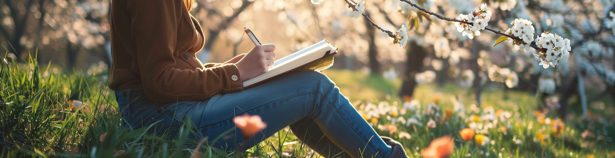 A woman sitting under a blooming tree, writing in a journal