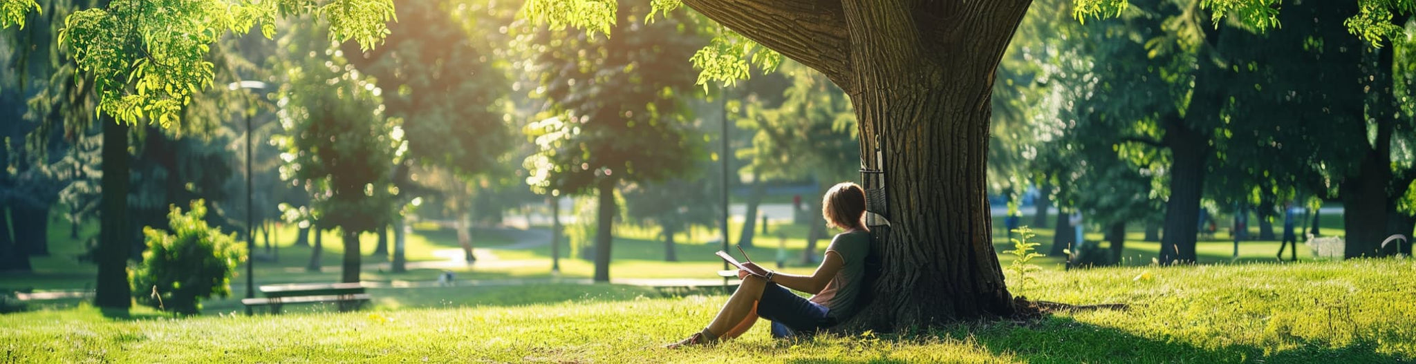 An individual under a tree in a quiet park, writing about their June experiences