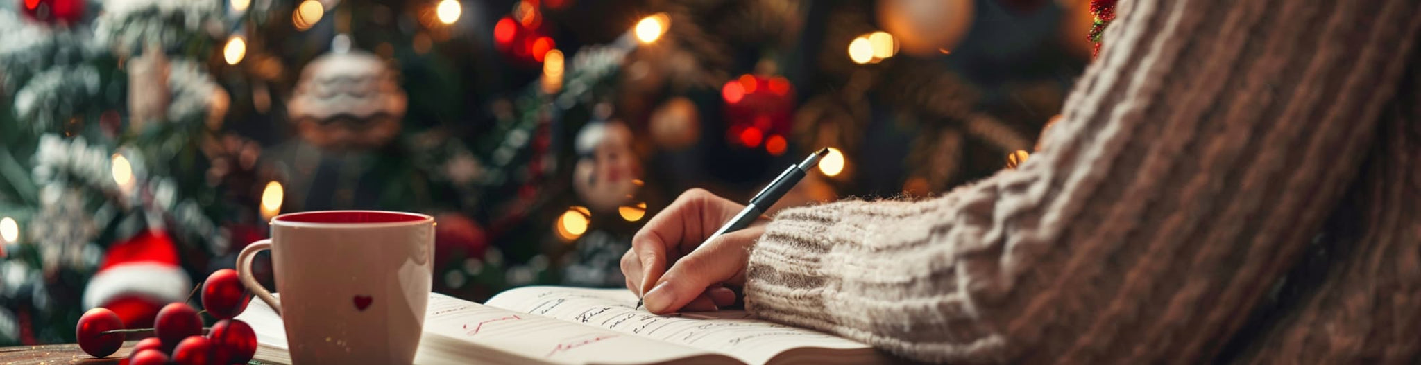 By a Christmas tree, writing in a journal with a cup of hot cocoa nearby