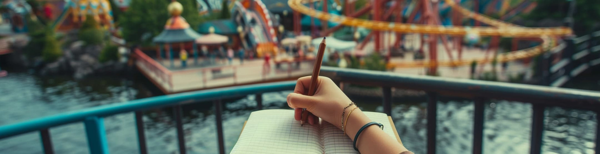 Journaling at a theme park, capturing their thrill ride experiences