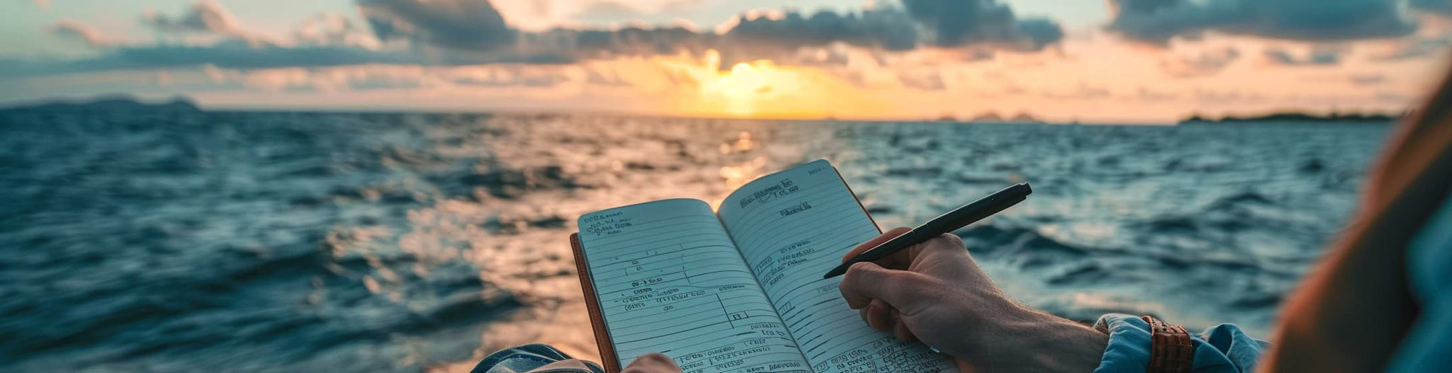 Person writing in a notebook against the backdrop of a sunset over the ocean