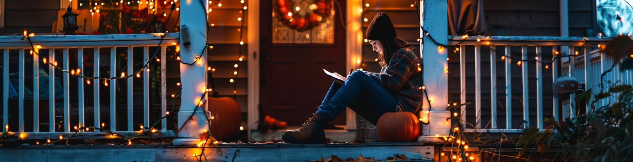 Sitting on a porch decorated with Halloween lights, writing in a journal