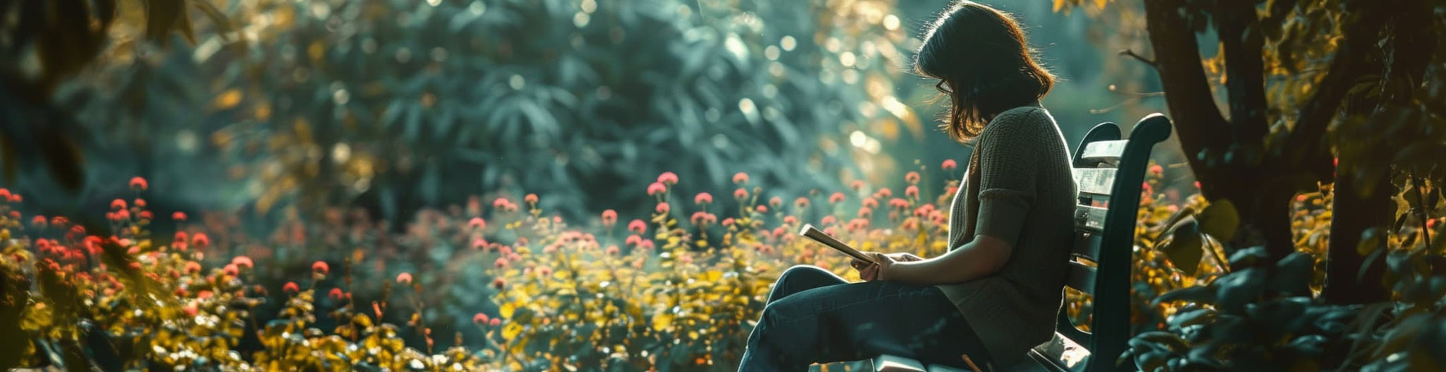 Someone in a garden, sitting on a bench with a journal, capturing thoughts around them