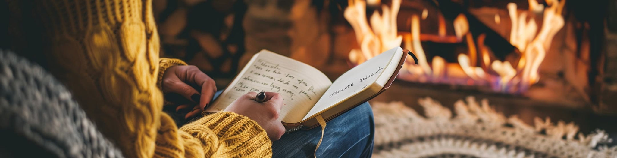 Someone sitting by a fireplace, journaling about their November experiences