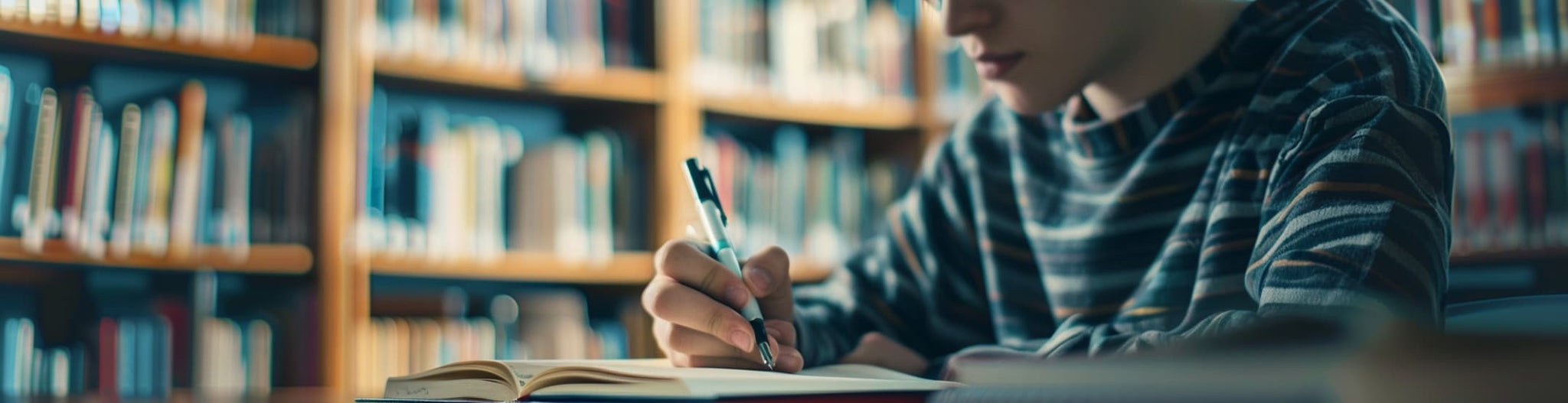 college student in a library, pen in hand, writing leadership goals in a journal