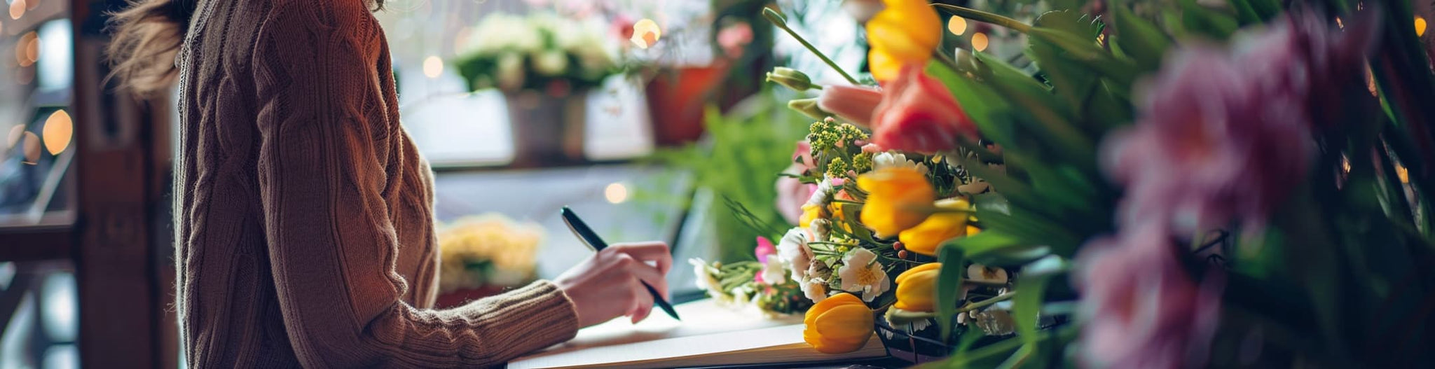 person at a café with a floral arrangement, writing about Spring festivals