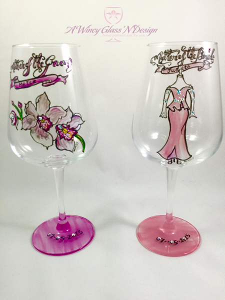 Swarovski Crystals Custom Hand Painted Bridesmaids Dress Wine Glasses