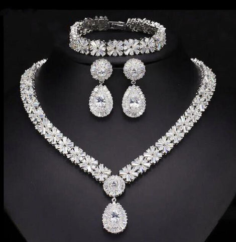 Silver Cubic Zirconia Women Wedding Bridal Jewelry Set