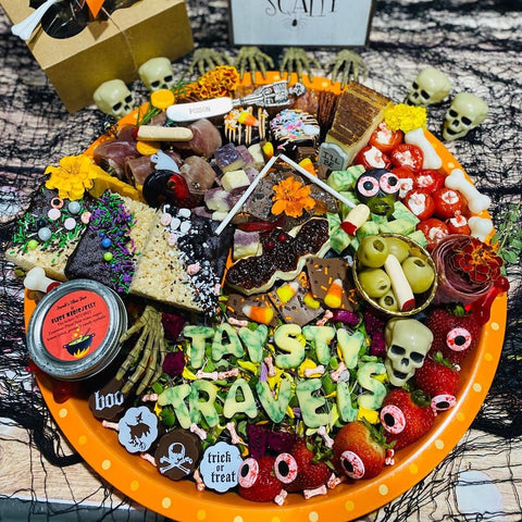 Halloween Charcuterie on Palm Leaf Round Tray