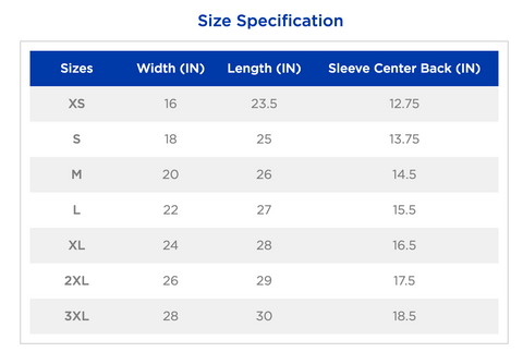 Gildan 2000L Size chart