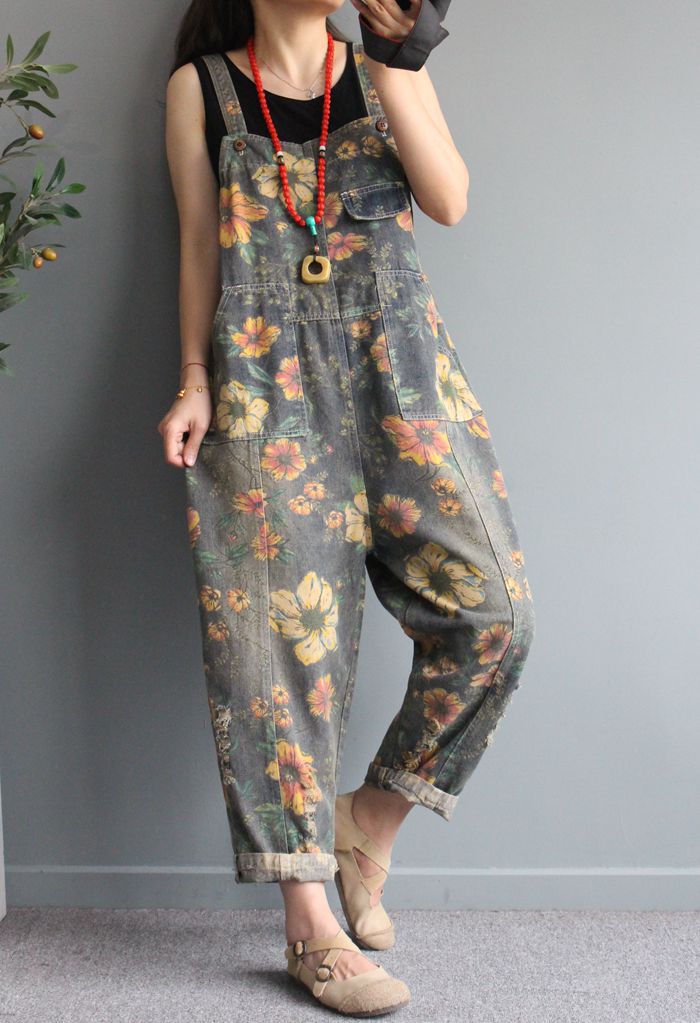 floral denim jumpsuit