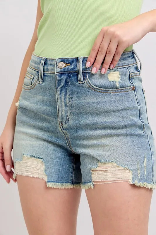 Judy Blue High Rise Washed Fly Stitch Detail and Destroy Denim Shorts