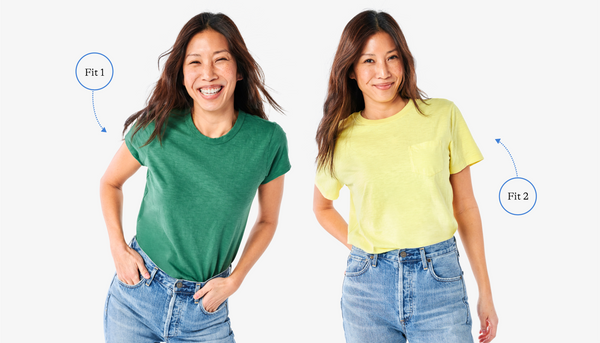 same woman side by side wearing two different tee shirts