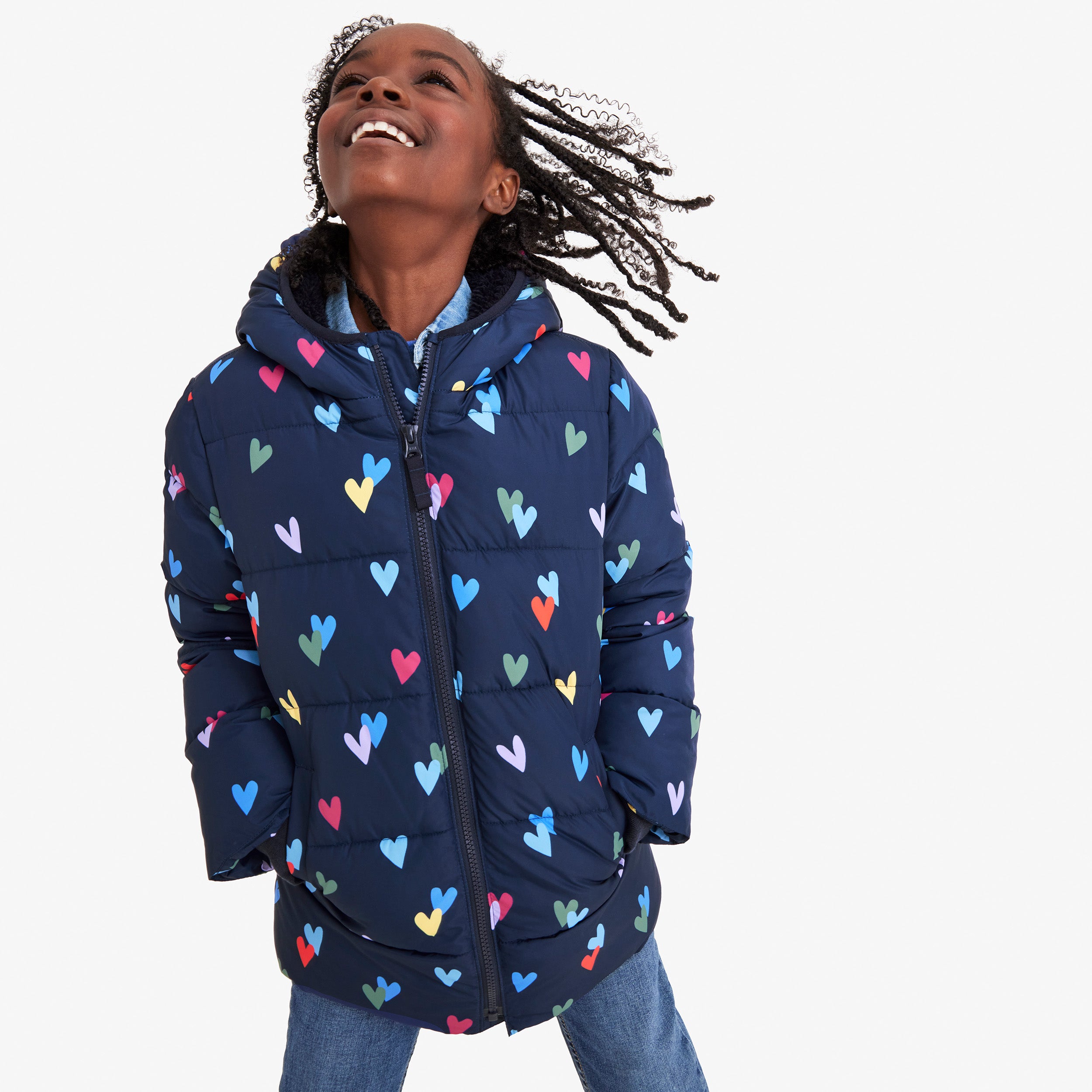 Parka puffer coat in confetti hearts