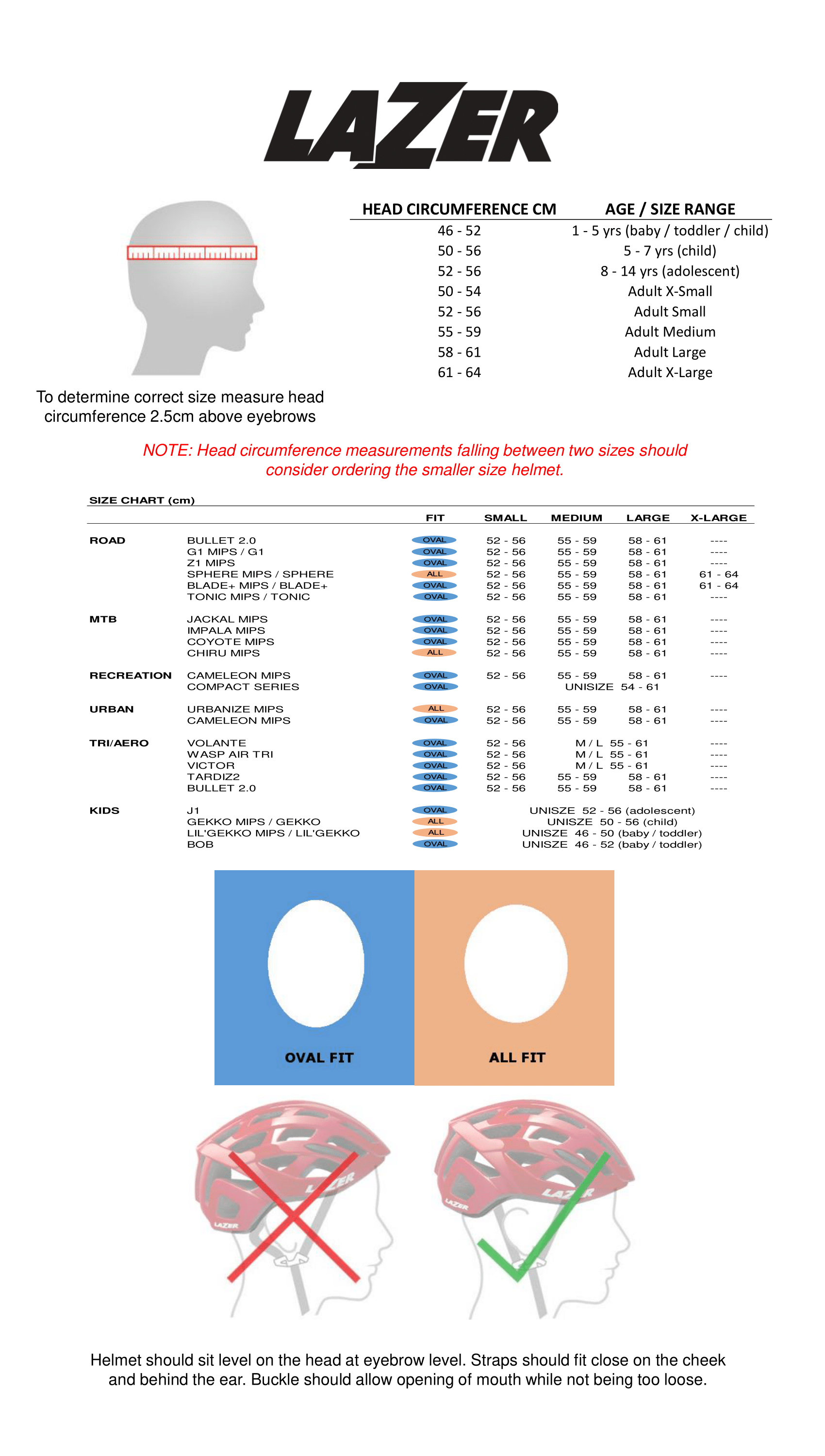 Lazer Helmet Size and Fit Guide Chart