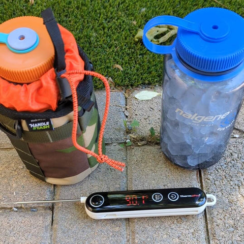 Water bottles with a thermometer reading 90F. 