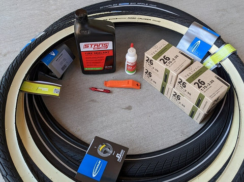 New puncture resistant tires and tubes with sealant ready to be installed