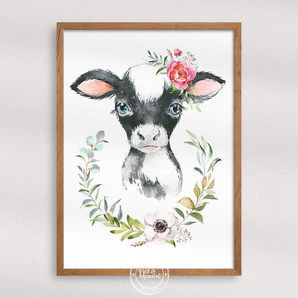 Watercolour Family Prints & Posters Baby Cow Red Flower & Floral Ornaments Wall Art