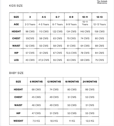 size chart mini melissa baby