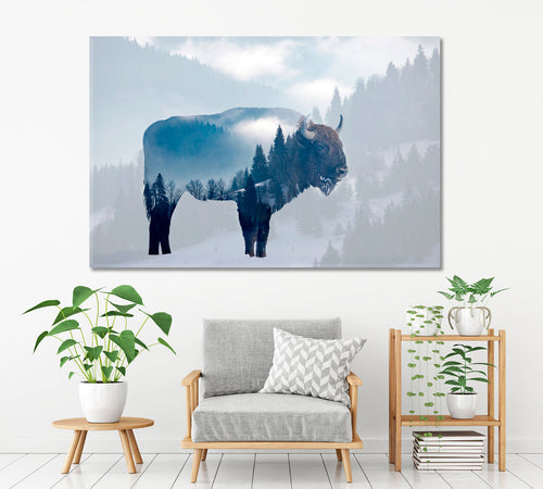 DOUBLE EXPOSURE Wild Bison Buffalo Foggy Pine Forest