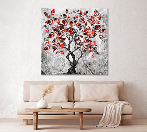 Stylized Tree Modern Abstract Red Black and White