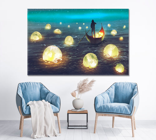 SURREAL Night Scenery Man Rowing Boat Glowing Moons Floating Sea