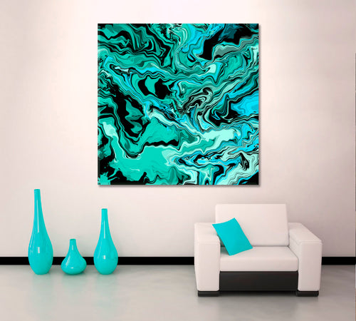 MARBLING Abstract Turquoise Black Waves